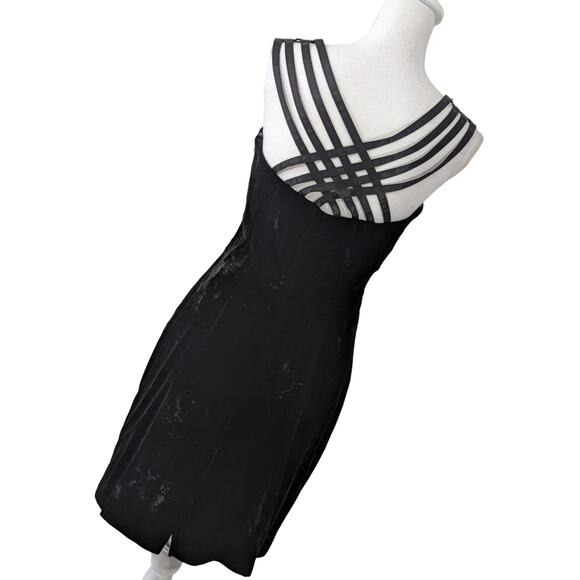 ONE + ONE! BLACK STRETCH VELVET, QUAD RIBBON WOVEN BACK, STRAPS DRESS! SZ 8 - Picture 1 of 10